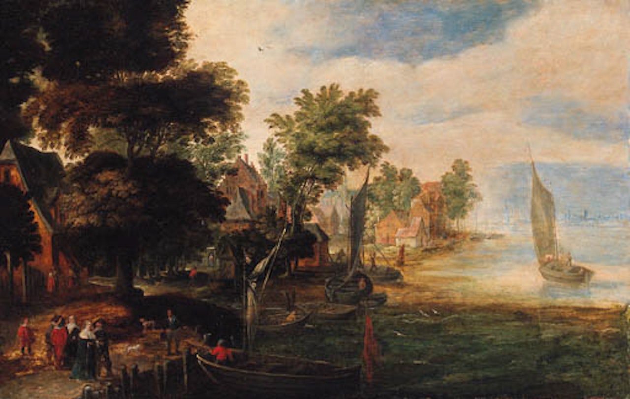Elegant company with bargemen at village landing stage by Jan Brueghel the Younger
