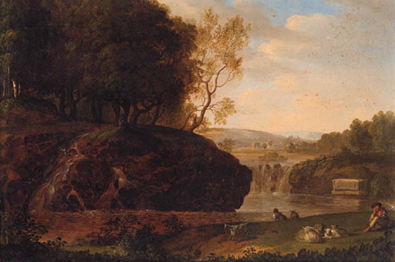 River landscape with shepherd resting. River landscape with travellers by Jacob Philipp Hackert