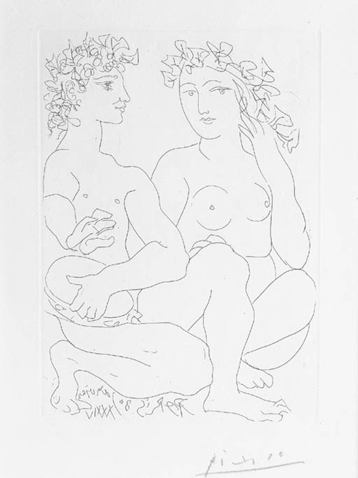 Jeune couple accroupi, l'homme avec un tambourin by Pablo Picasso