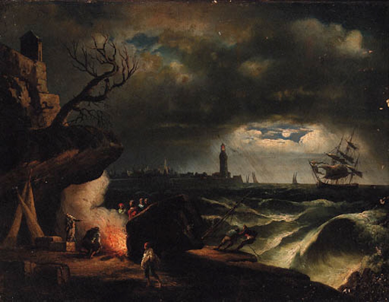 Moonlit coastline with yacht in storm near lighthouse by Claude Joseph Vernet