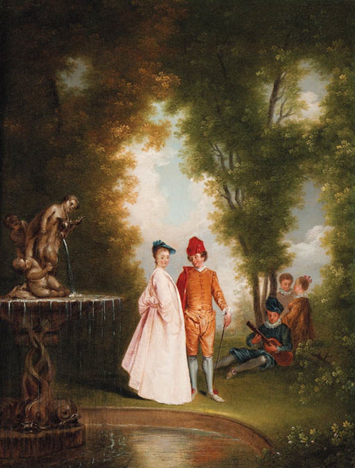 Elegant couple by sculpted fountain by Jean-Antoine Watteau