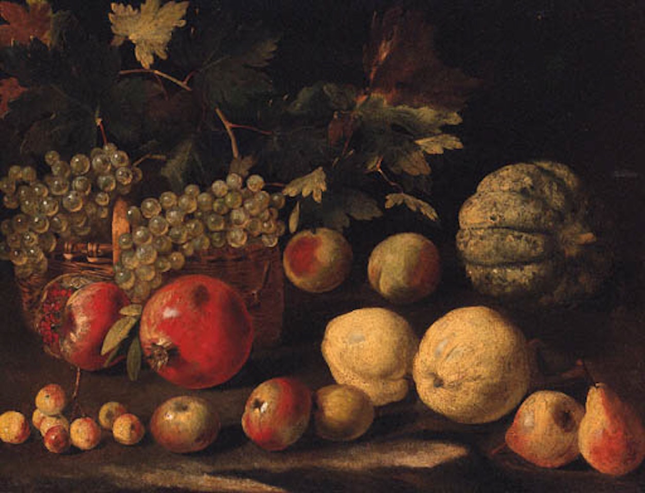 Grapes in basket with melon, pomegranates and other fruit by Abraham Brueghel