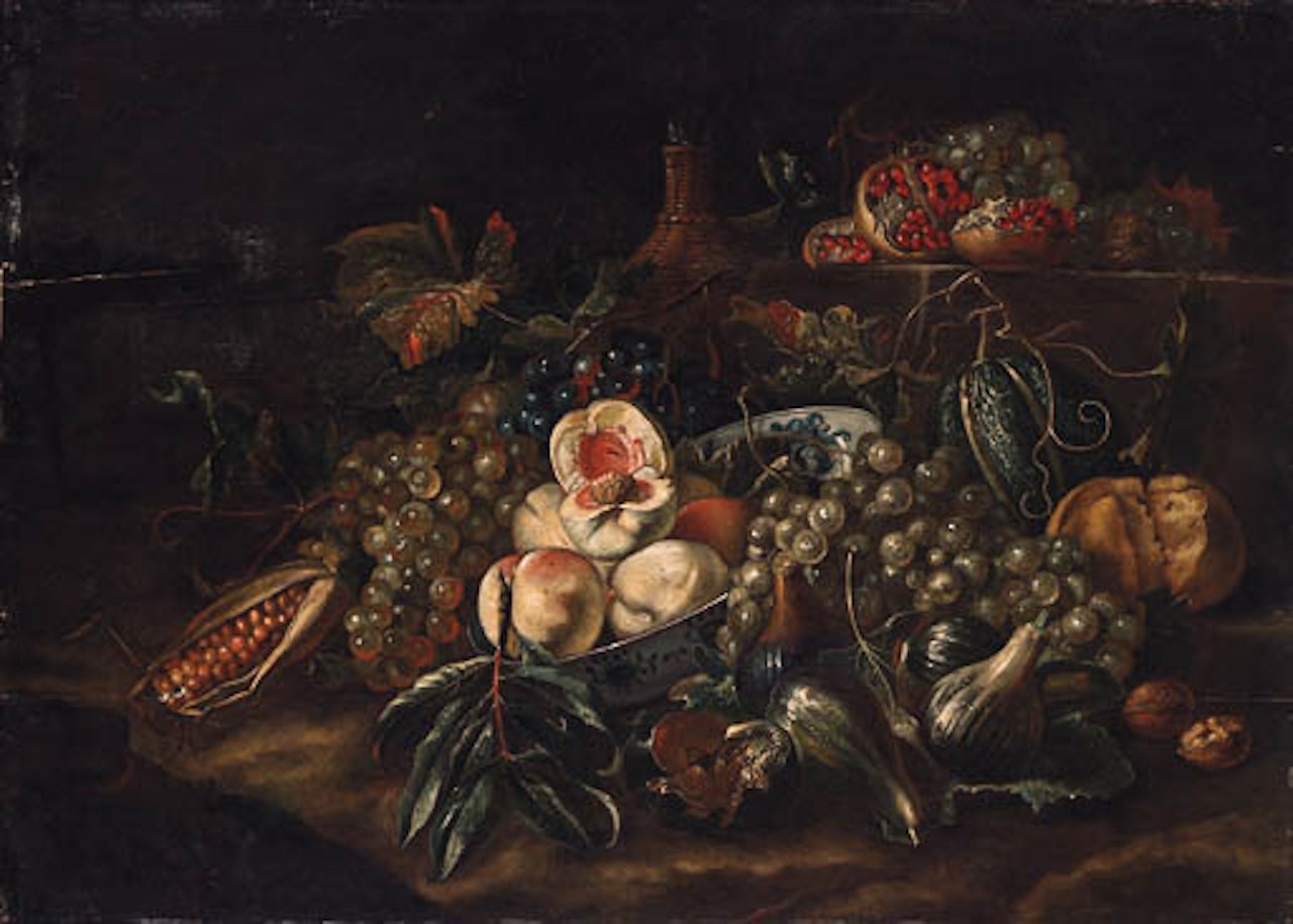 Peaches in blue and white dish with grapes, figs and carafe by Michele Pace del Campidoglio