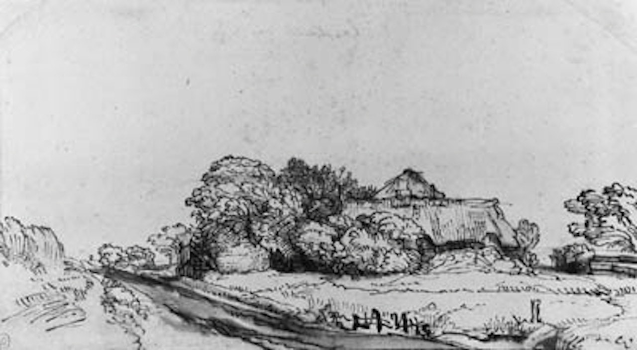 Landscape with road near farmhouse among trees by Attributed to Rembrandt Harmensz van Rijn