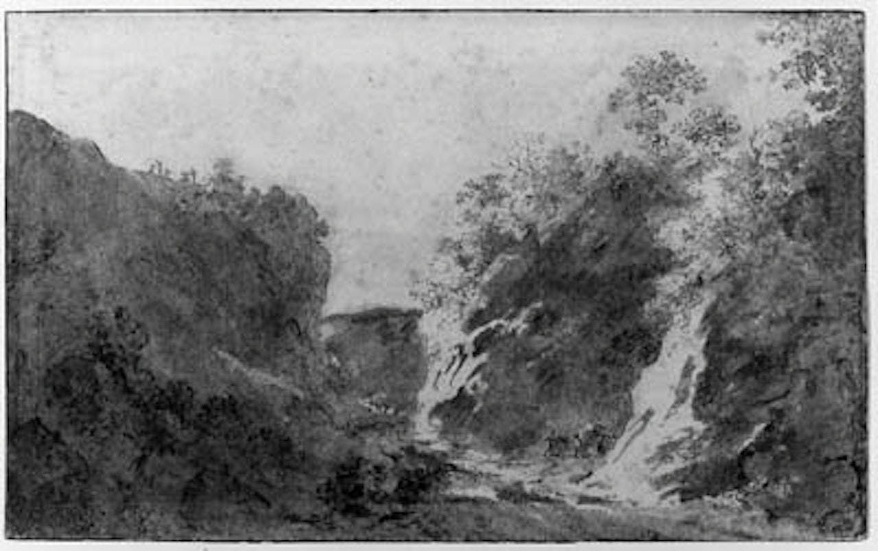 Wooded mountainous landscape with travellers near bridge by Jan de Bisschop
