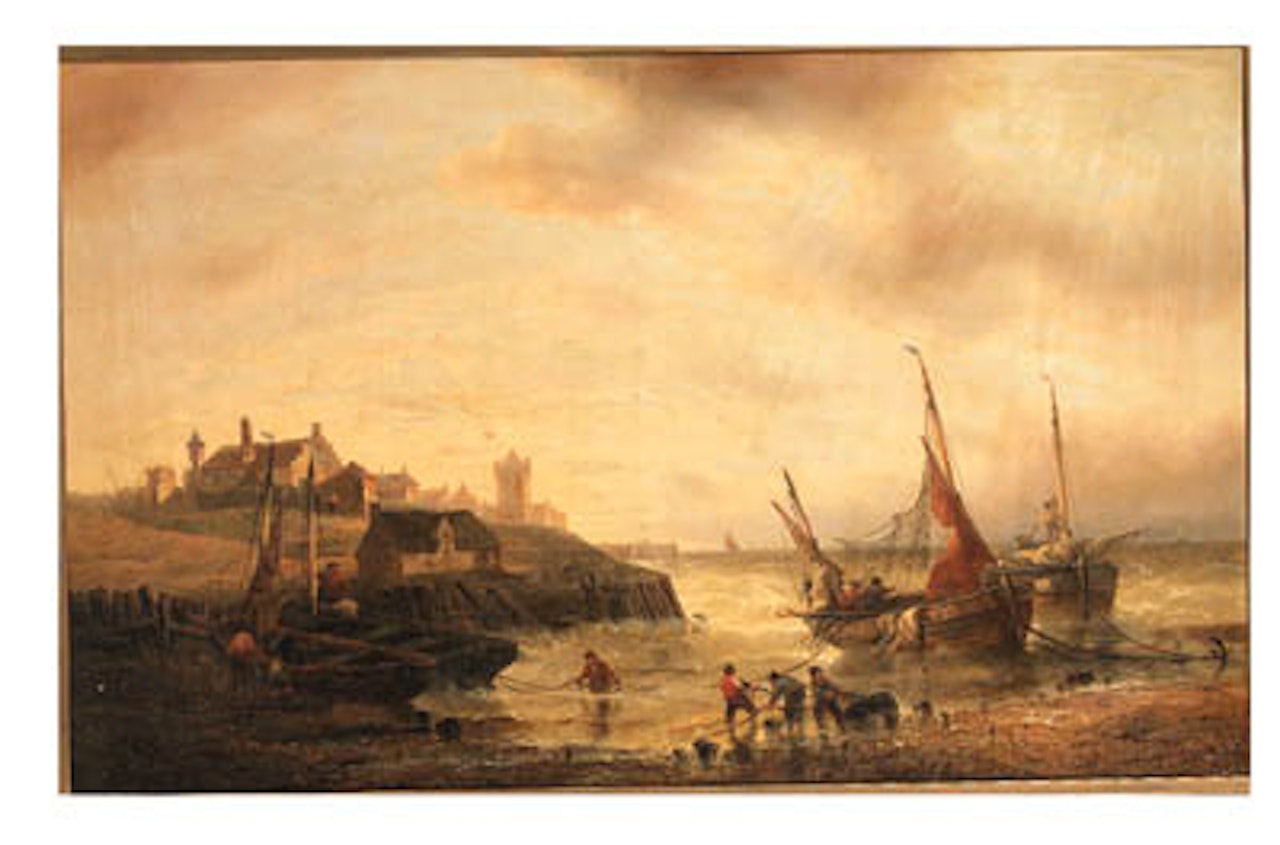 Coastal view with fishermen hauling in their ships by François Etienne Musin