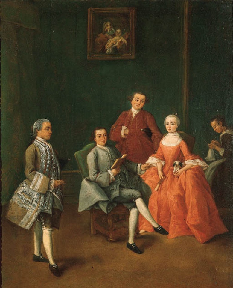 La lettura: cavalieri, una dama, una domestica in interno by Pietro Longhi