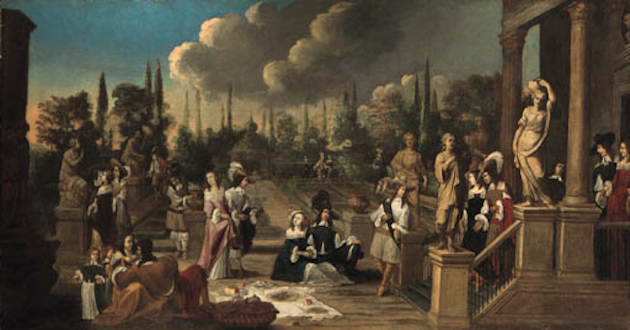Elegant hunting parties resting by stream and merrymaking in ornamental garden by Flemish School