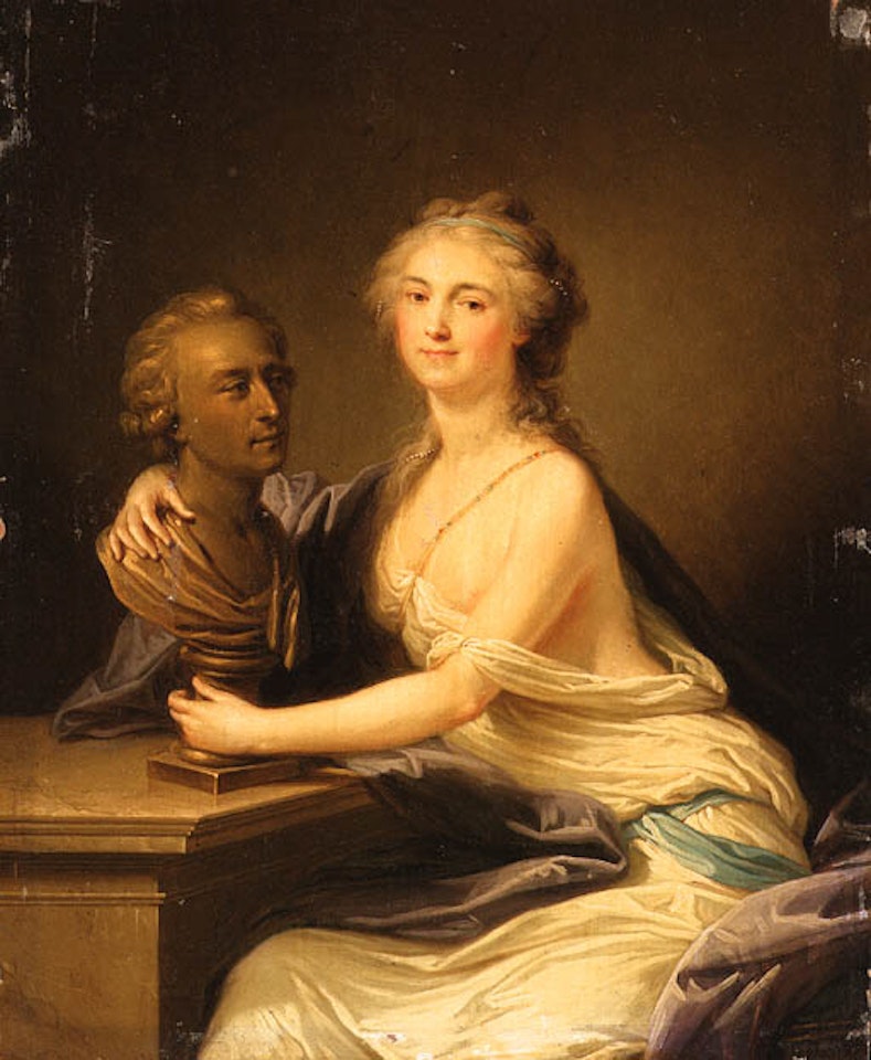 Portrait of seated lady in white dress holding a bust by French School