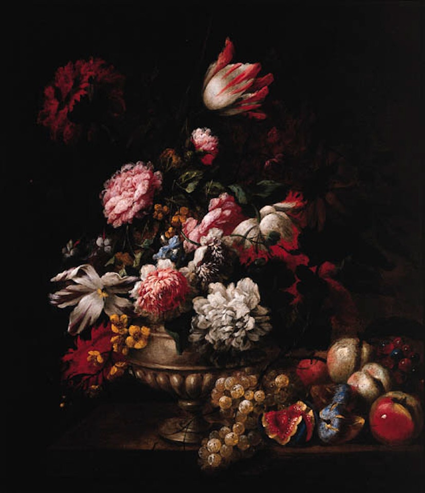 Tulips, roses,and other flowers in vase with fruit on ledge by Jean Baptiste Monnoyer