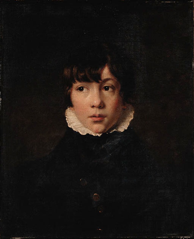 Portrait of boy wearing black jacket and white collar by English School