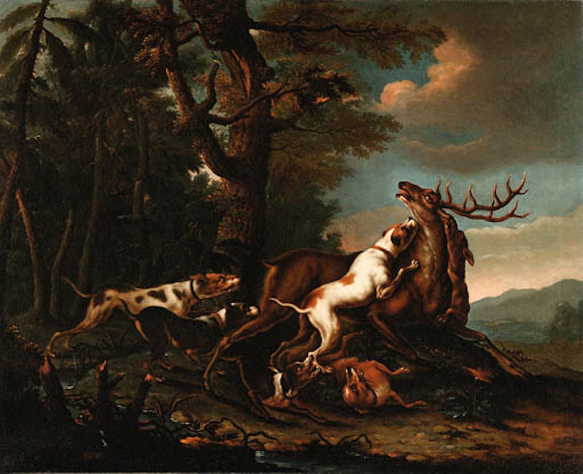 Hounds bringing down stag at edge of forest by German School