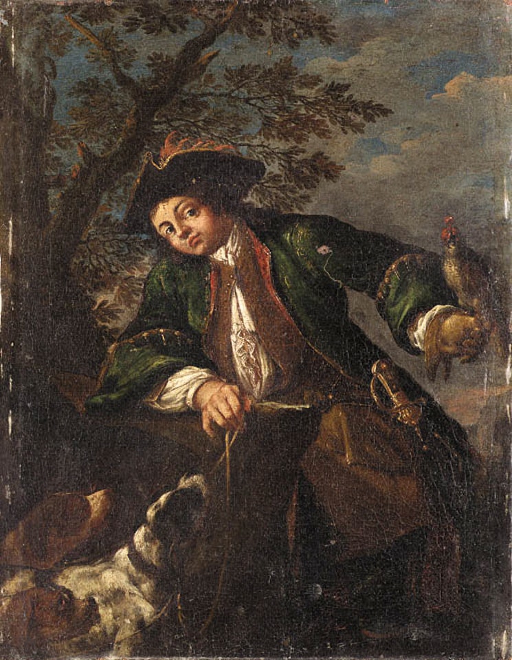 Falconer and his hounds in landscape by German School