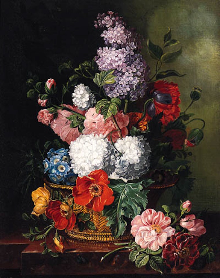Poppies and lilac Japanese anenomies and other summer flowers in a basket by Frederick Victor Bailey