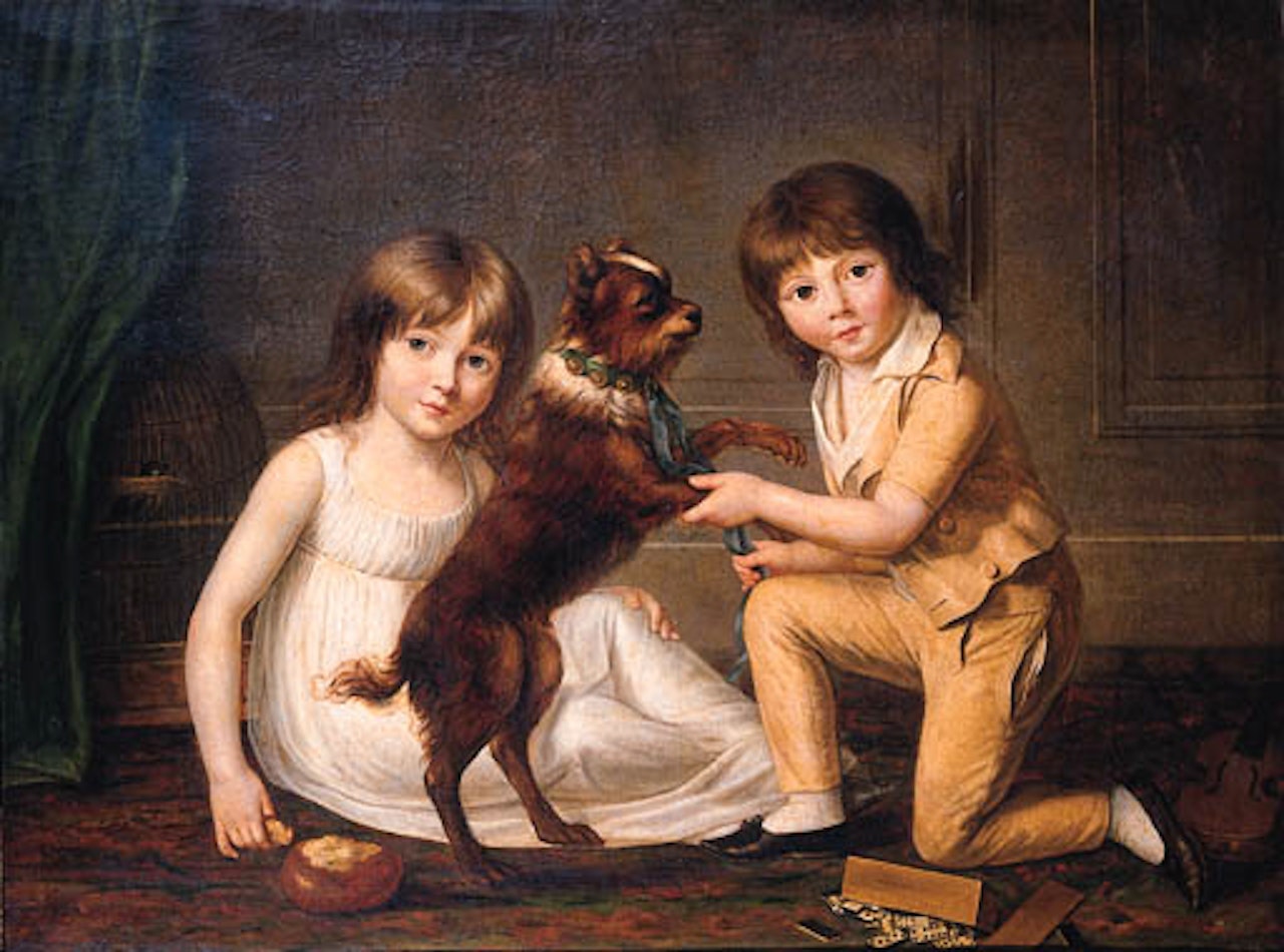 Girl and boy playing with dog in interior by Louis-Leopold Boilly