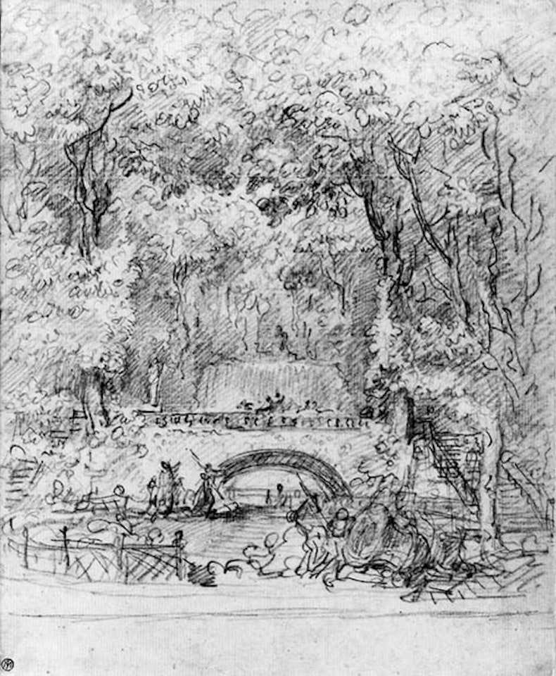 Cascade in park with fallen urn in foreground by Jean-Honoré Fragonard