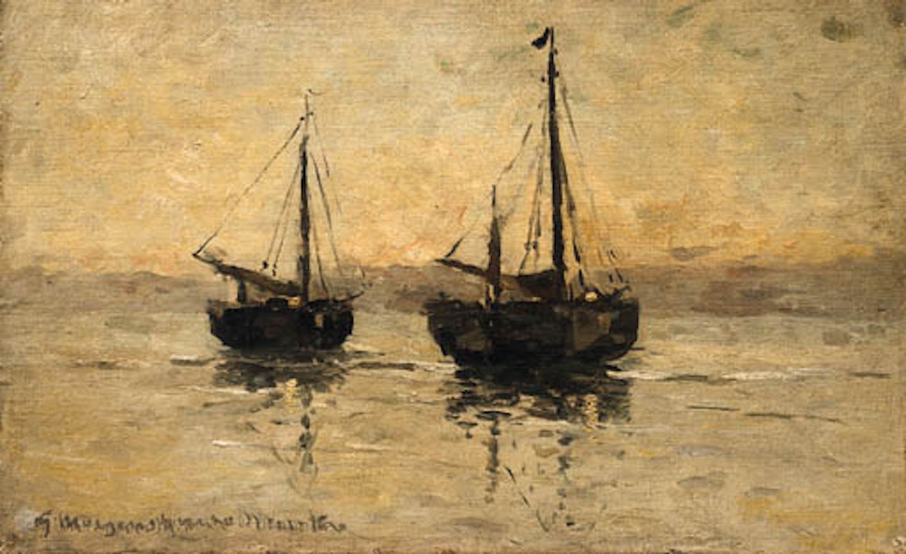 Bomschuiten on the beach at low tide by Gerhard Arij Ludwig Morgenstjerne Munthe