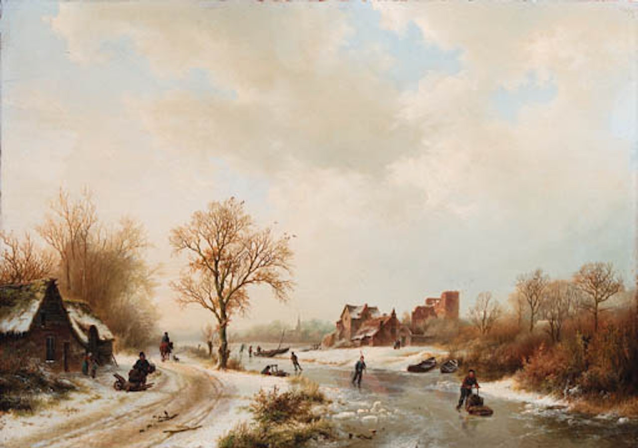 Winter landscape, skaters on frozen waterway, farmhouse by Barend Cornelis Koekkoek