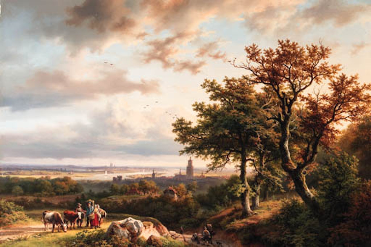Panoramic Rhenish landscape, peasants conversing on path by Barend Cornelis Koekkoek