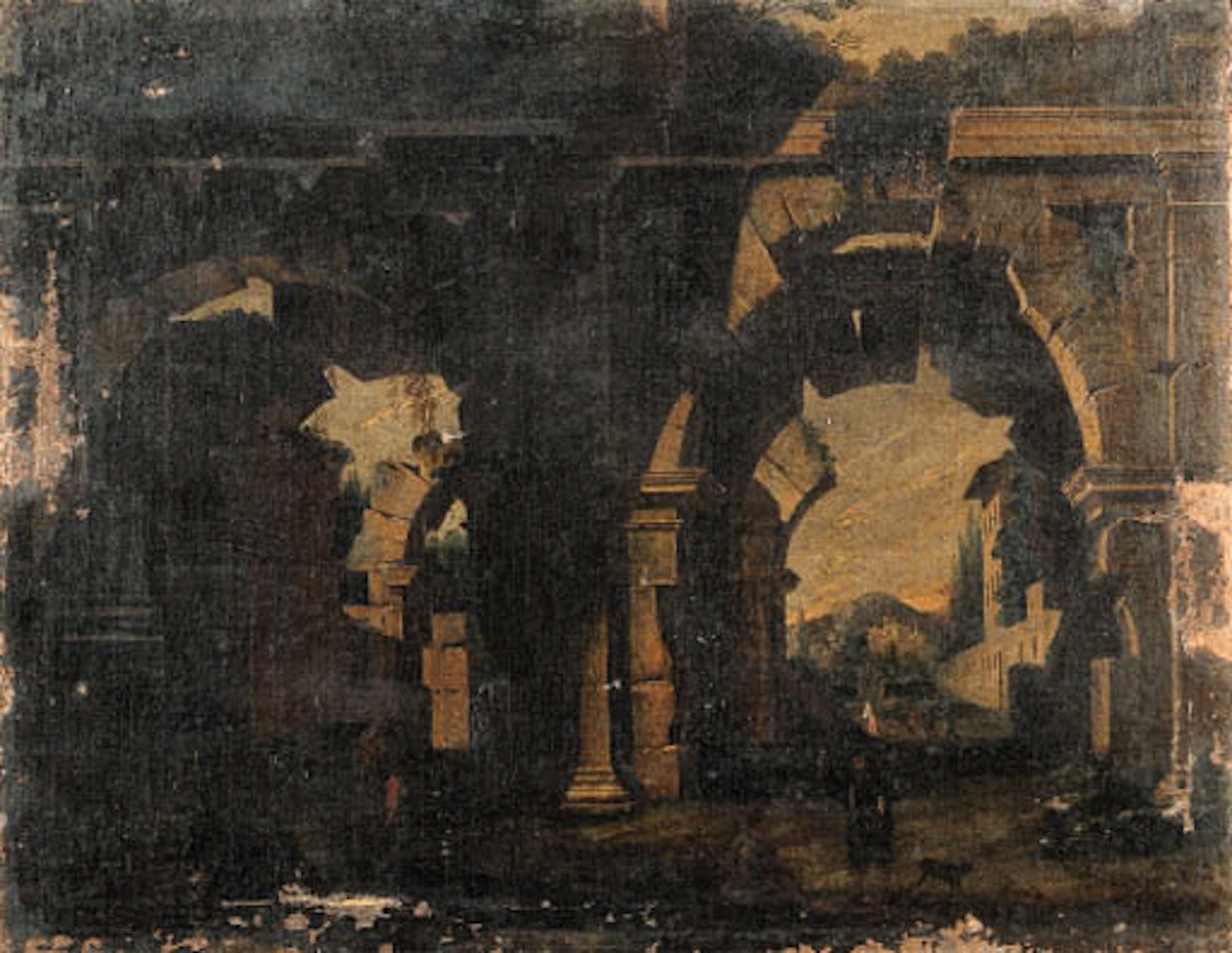 Loggiato di rovine antiche di ordine tuscanico con astanti by Viviano Codazzi