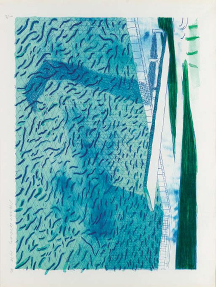 Water made of thick and thin lines and two light blue washes by David Hockney