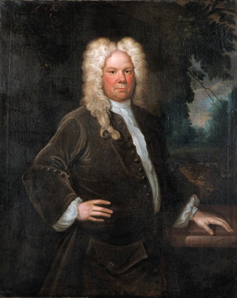Ritratto di gentiluomo in abito marrone en plein air by English School