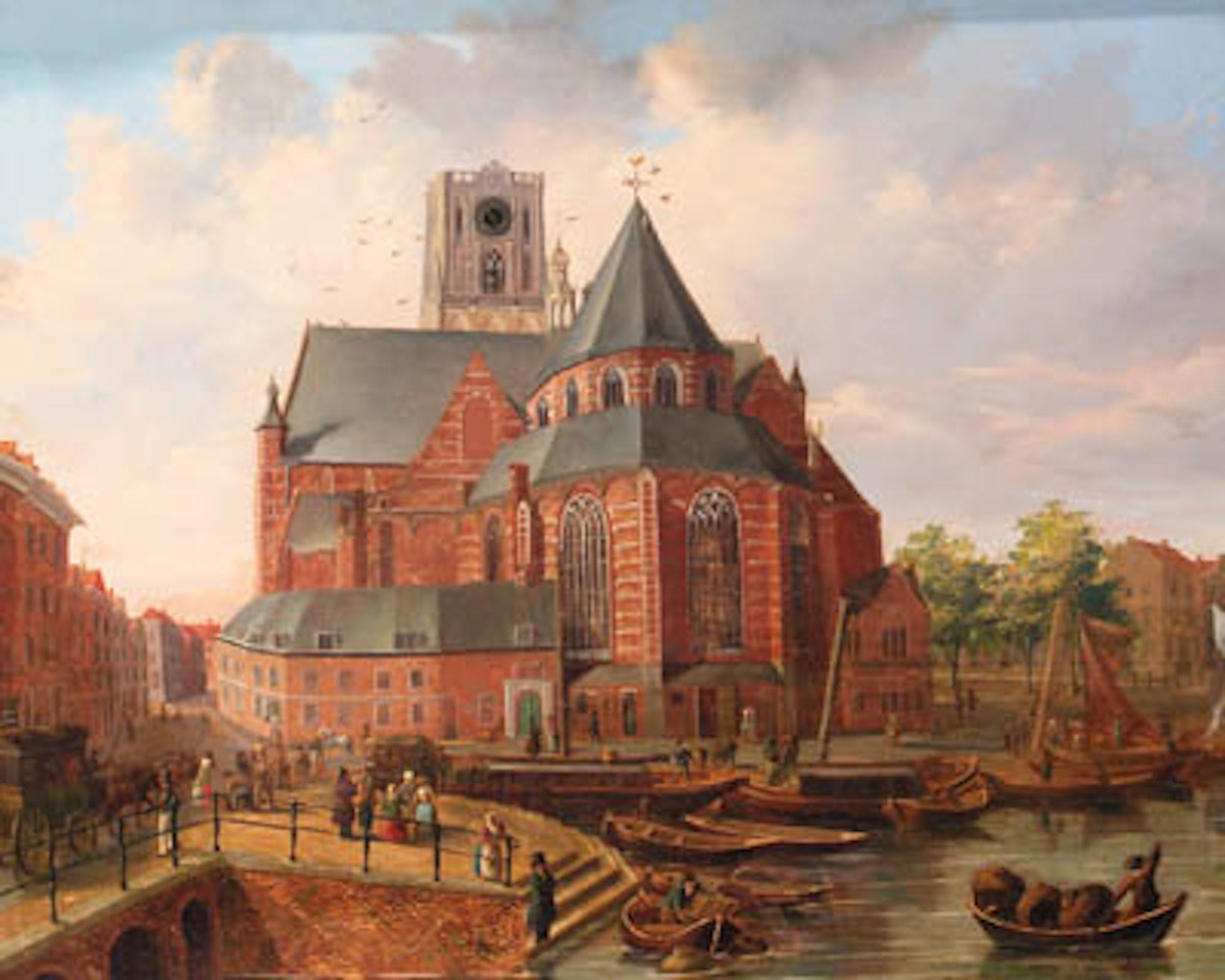 View of Rotterdam with townsfolk gathere on quay by church by Dutch School