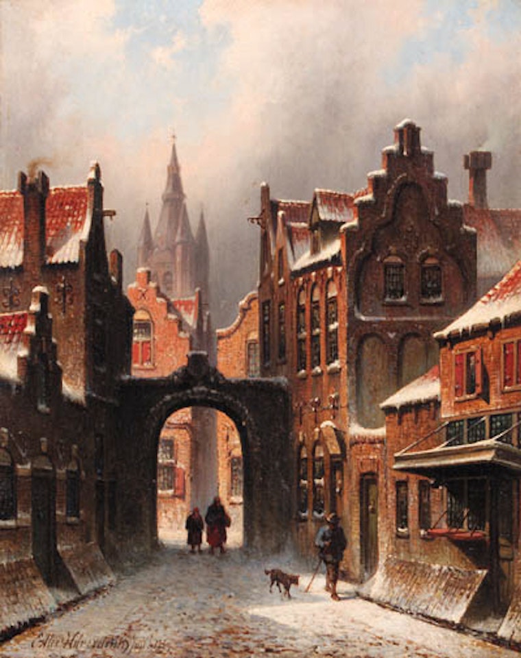 Snow-covered street in Delft with church spire of Oude Jan by Eduard Alexander Hilverdink