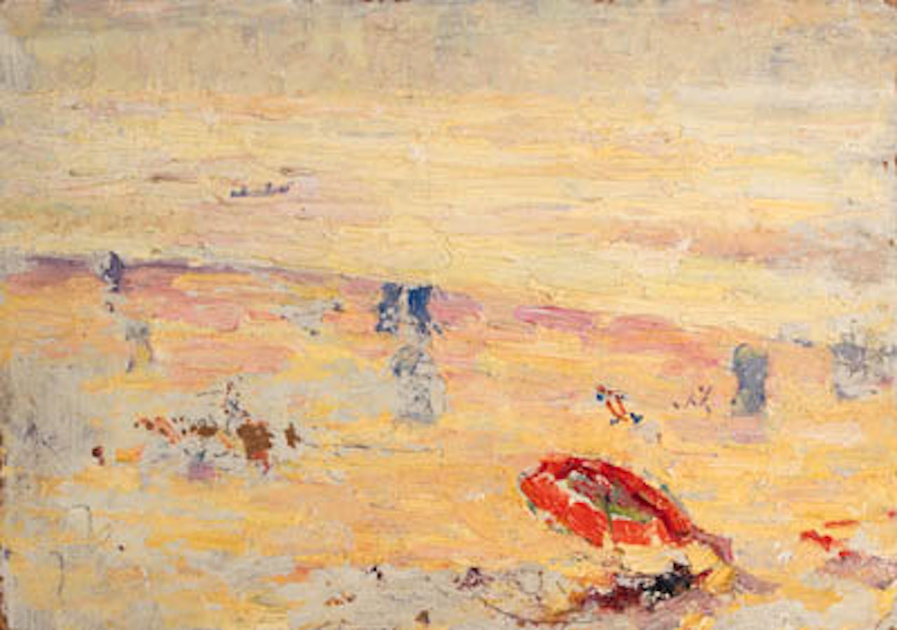 Red umbrella on beach by Joseph Raphael