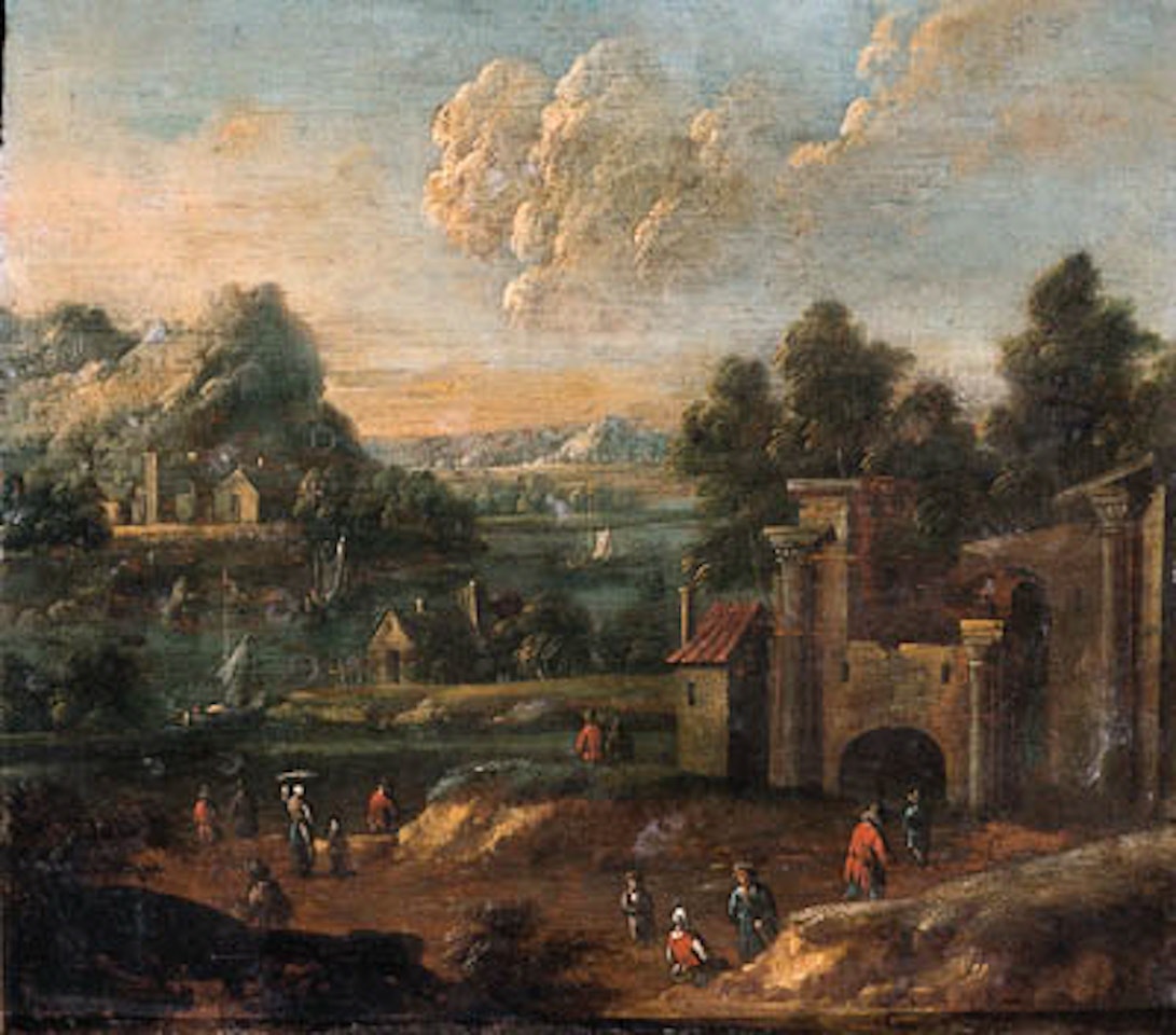 Travellers on path by ruined castle by Adriaen Frans Boudewyns by Pieter Bout