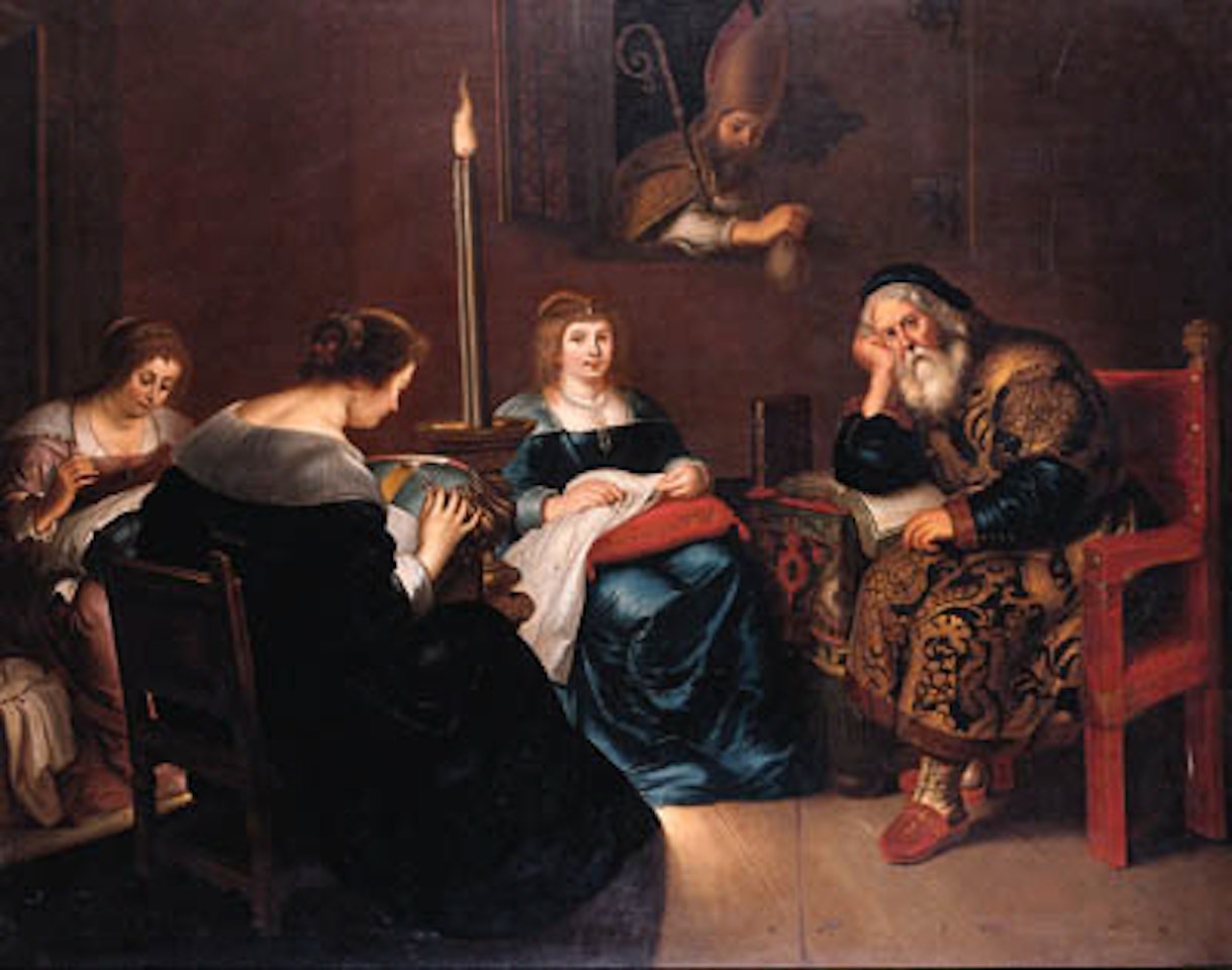 St Nicholas visiting house of poor nobleman with 3 daughters by Jacob Jordaens