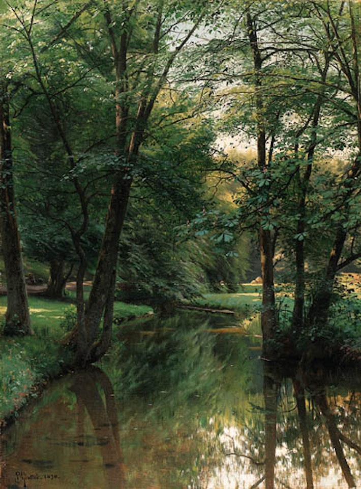 Figures resting in river landscape by Peder Mork Monsted