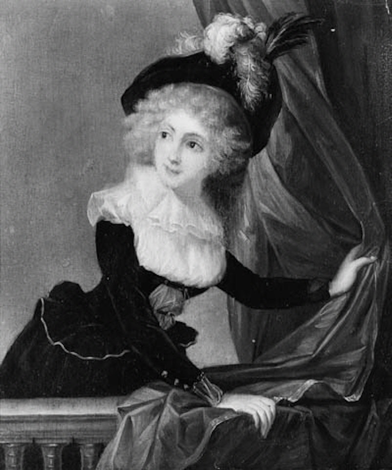 Portrait of woman with feathered hat standing on balcony by Jean Frédéric Schall