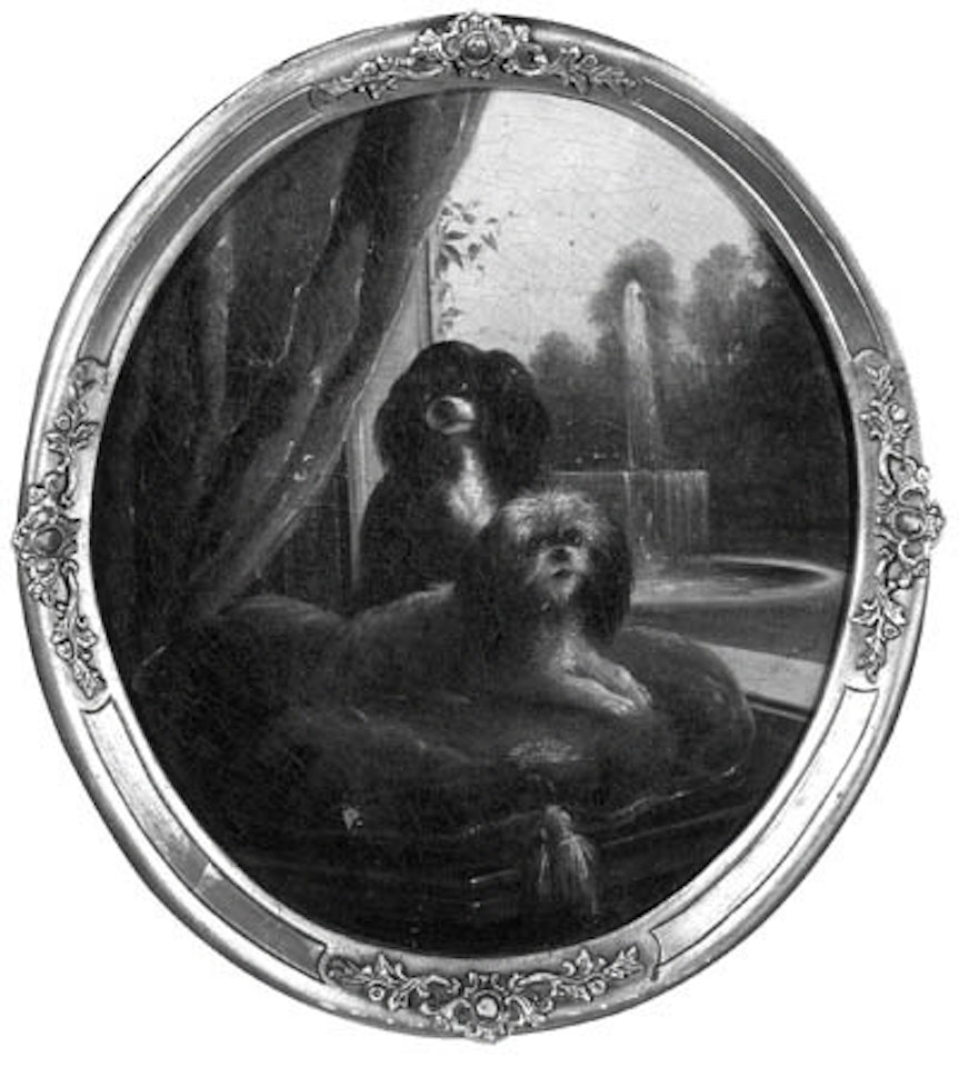 King Charles Spaniels on red velvet cushion by August Knip