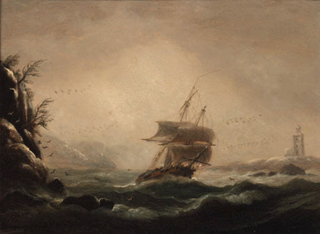 U.S. Brig Vixen passing Sambro Head lighthouse, Nova Scotia by Thomas Luny