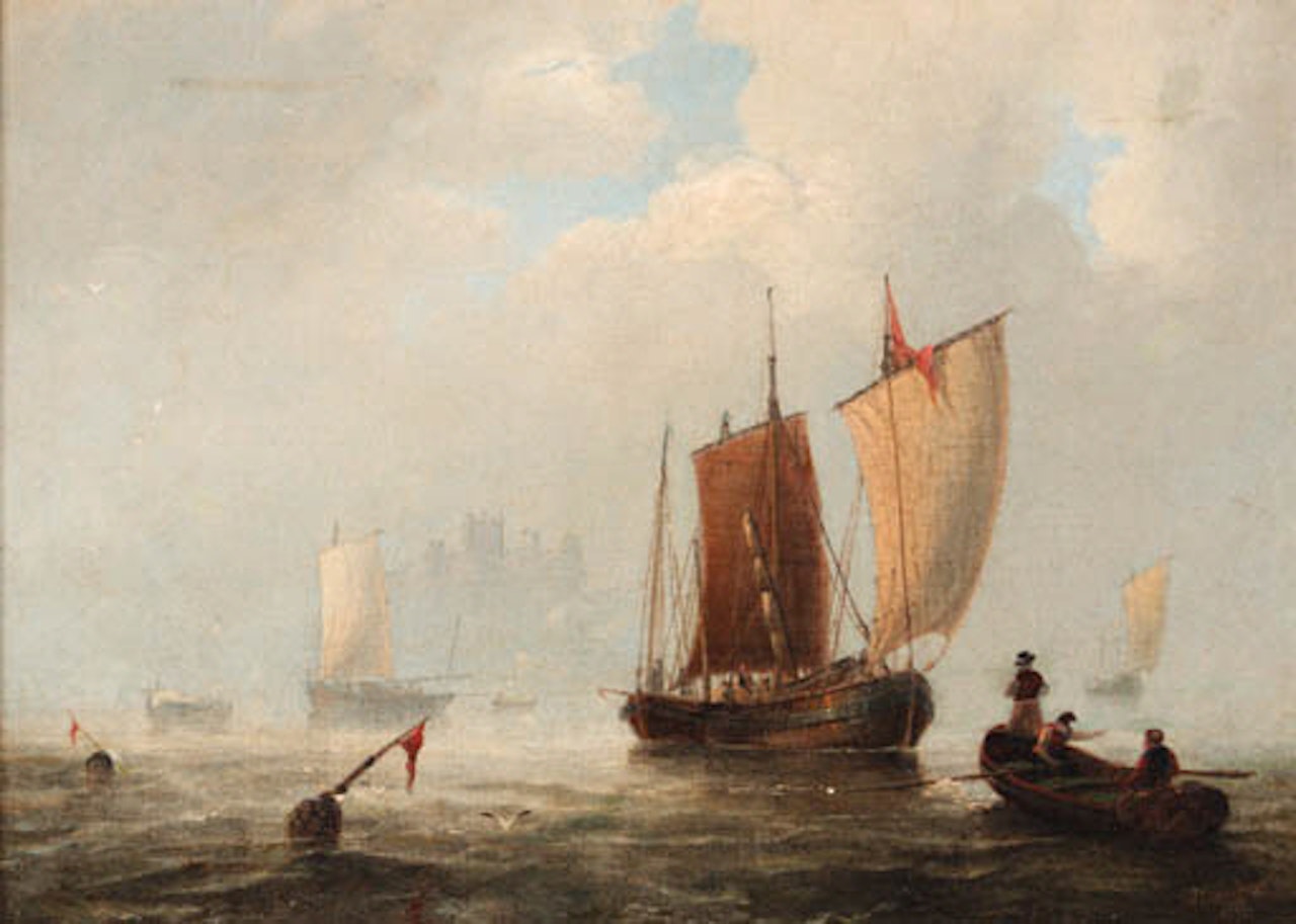 Fishing craft off Bamburgh castle, early morning by John Wilson Carmichael