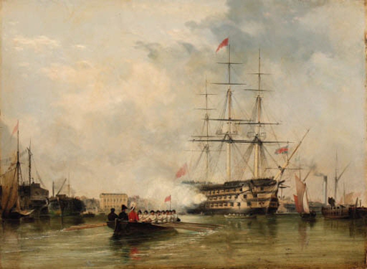 Gosport, flagship at Portsmouth, Victory saluting by Edward William Cooke