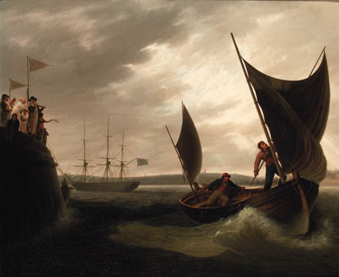 Running out to sea with the guardship beyond with spectators on the pier by Continental School