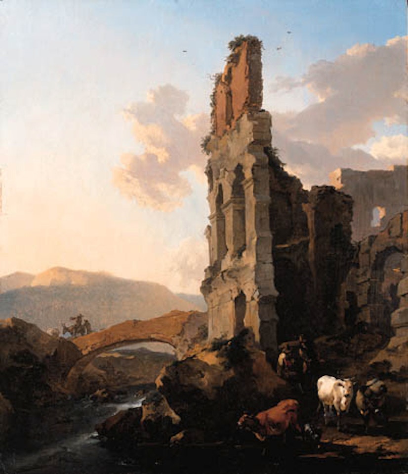 Italianate river landscape with herdsmen by ruins of amphitheatre by Nicolaes Pietersz Berchem