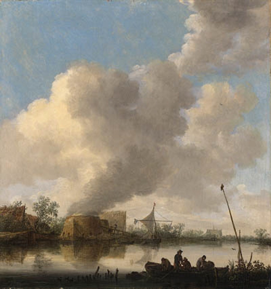 River landscape with fishermen in rowing boat farmhouses and church beyond by Jan van Goyen