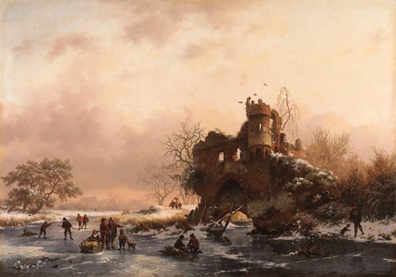 Winter landscape with skaters near dilapidated castle by Fredrik Marinus Kruseman