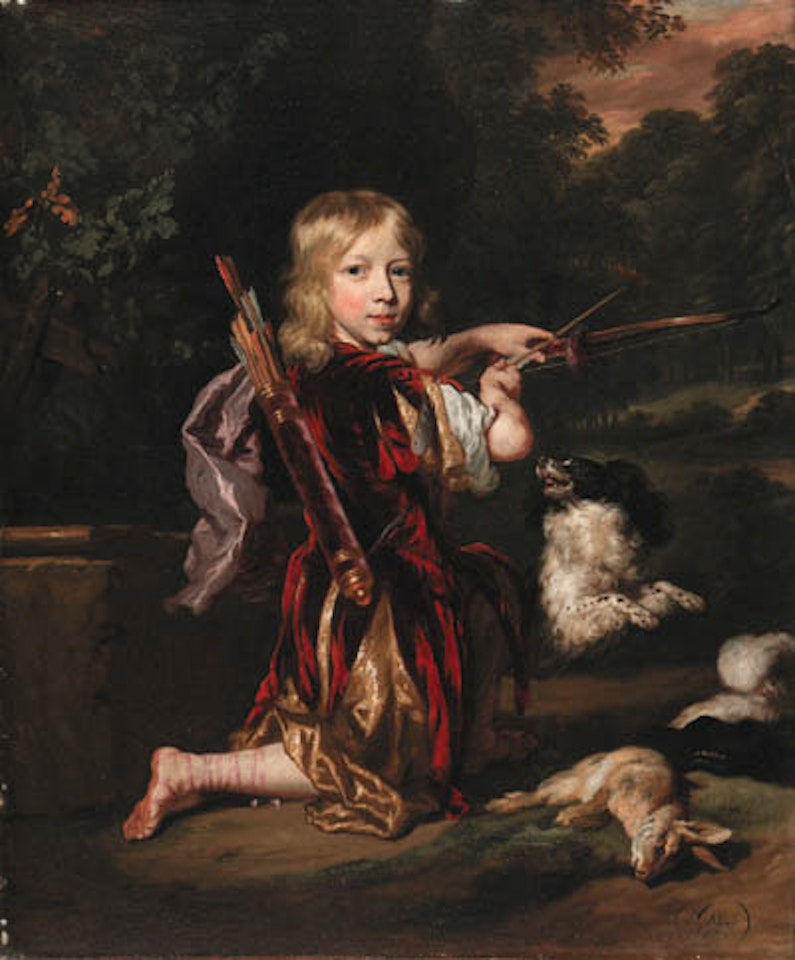 Portrait of youth, kneeling in classical costume, drawing bow, dead rabbit beside by Nicolaes Maes