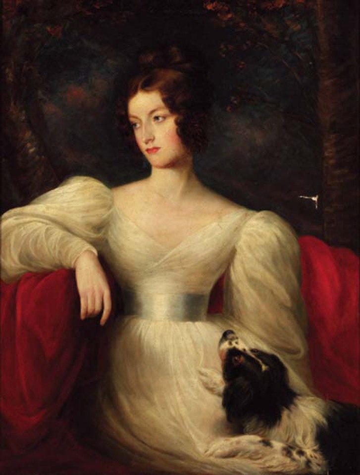 Portrait of lady, wearing white dress, seated with a dog by her side by Sir Thomas Lawrence