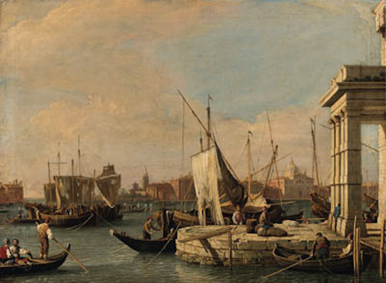 Quay of Dogana and Guidecca canal, Venice, churches beyond by Canaletto