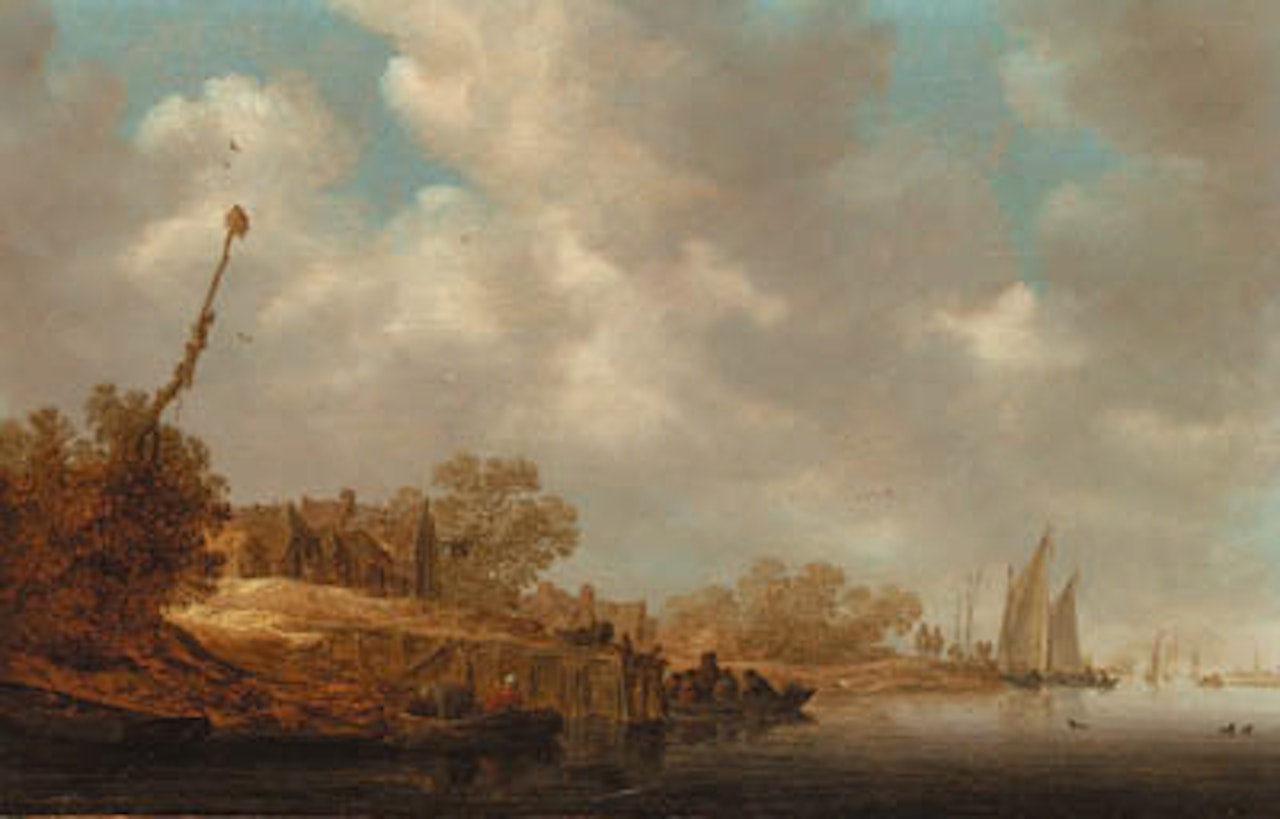 River landscape with fishermen in boats and ferry by village jetty by Jan van Goyen