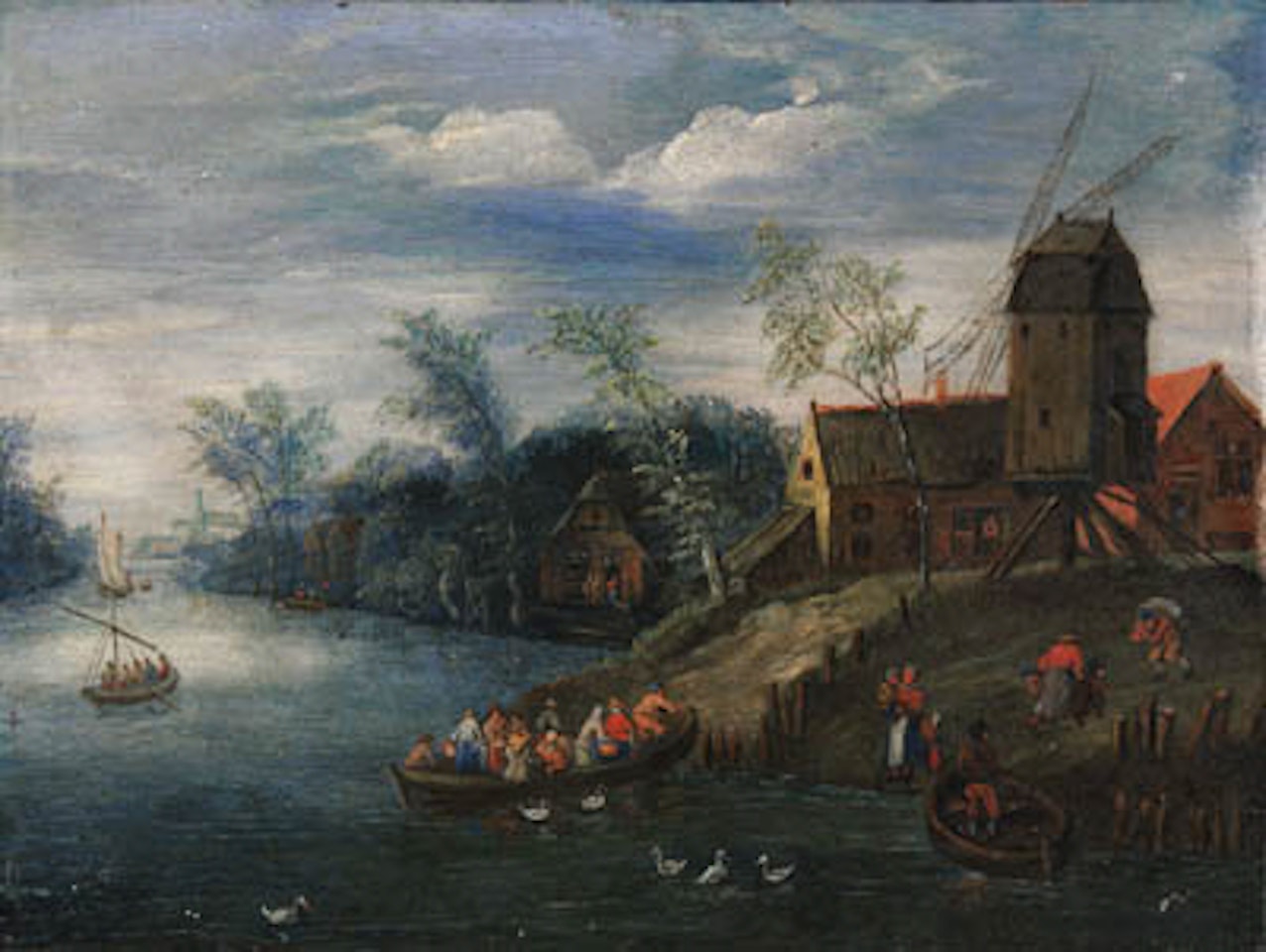 River landscape with peasants at landing stage, windmill nearby, village beyond by Jan Brueghel the Younger