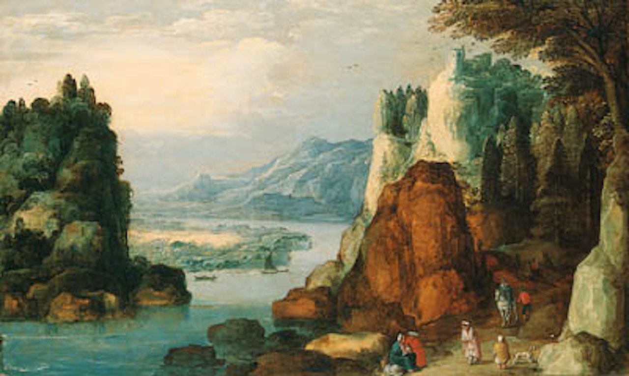 Alpine landscape with travellers and gypsies on path by Joos de Momper the Younger