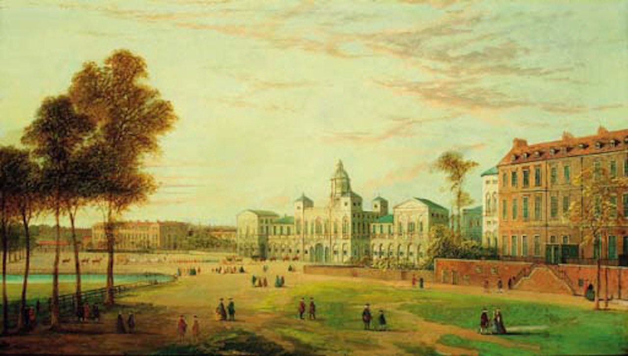 View of Horse Guards Parade with figures in the foreground and a procession beyond by Canaletto