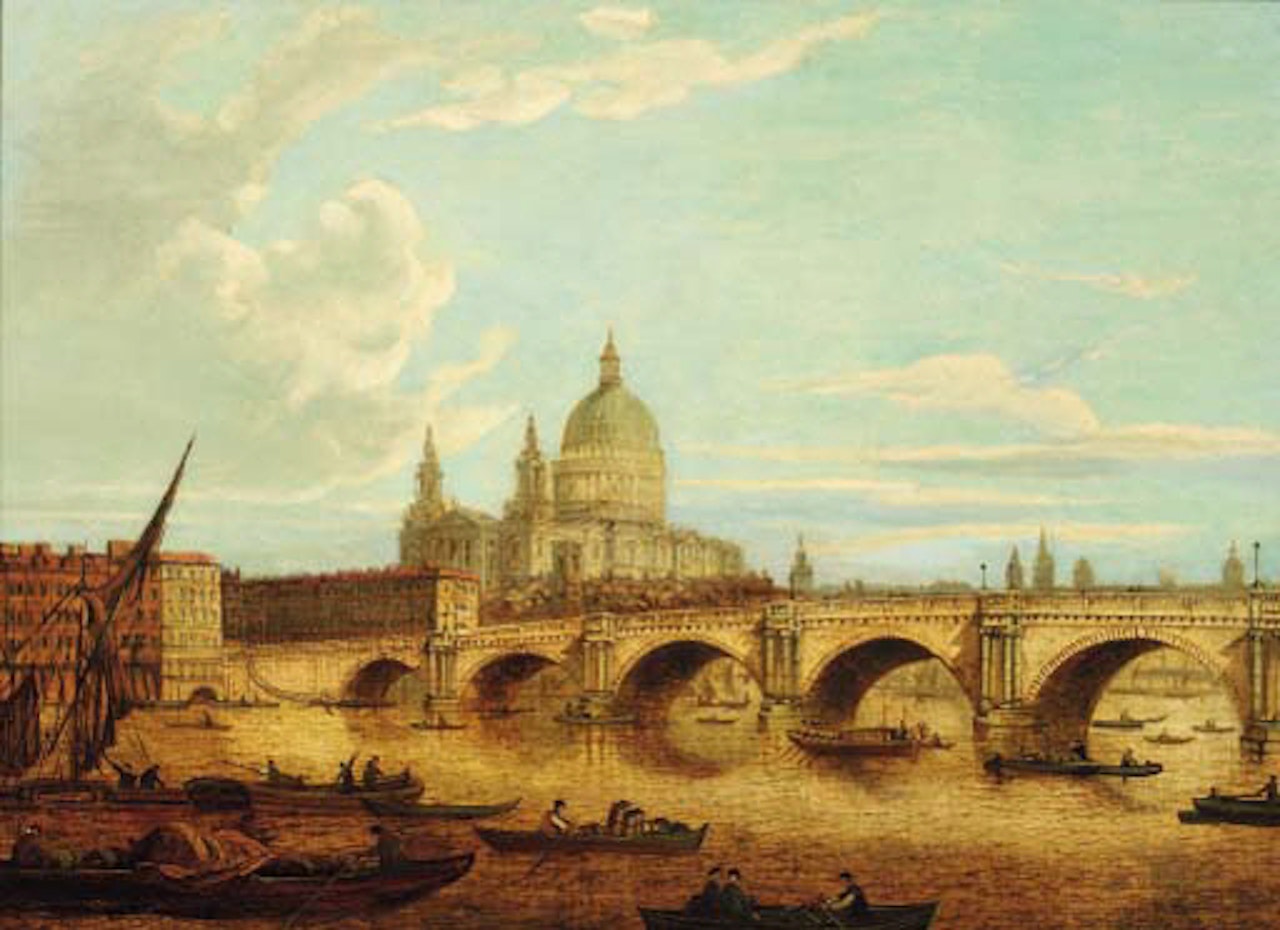 View of Blackfriars Bridge and St. Paul's Cathedral with shipping in the foreground by English School