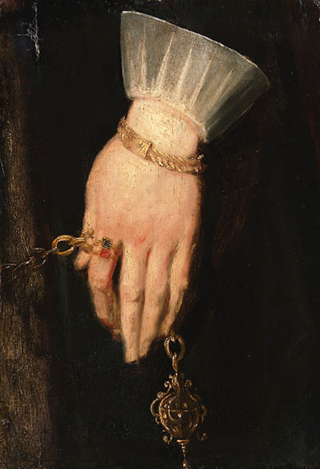 Lady's hand holding chain, fragment. Portrait of priest by Anthony van Dyck